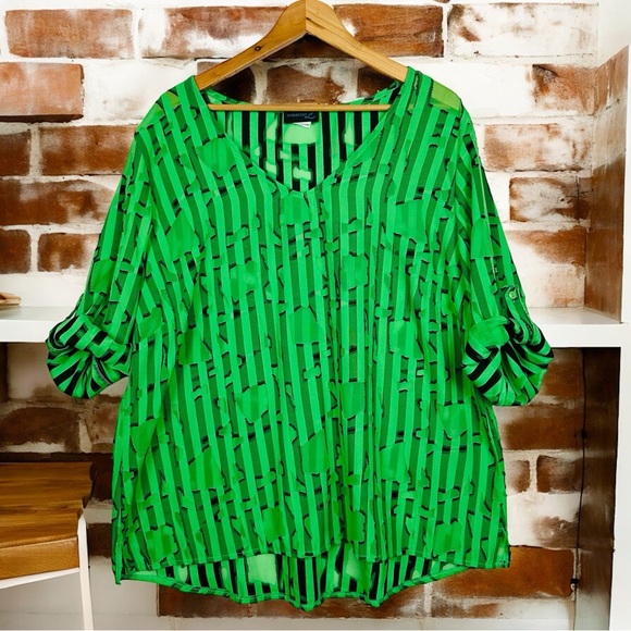 Vintage Tops - Vintage 90’s Sheer Striped Lightweight Roll Tab Sleeve V Neck Pullover Blouse 16